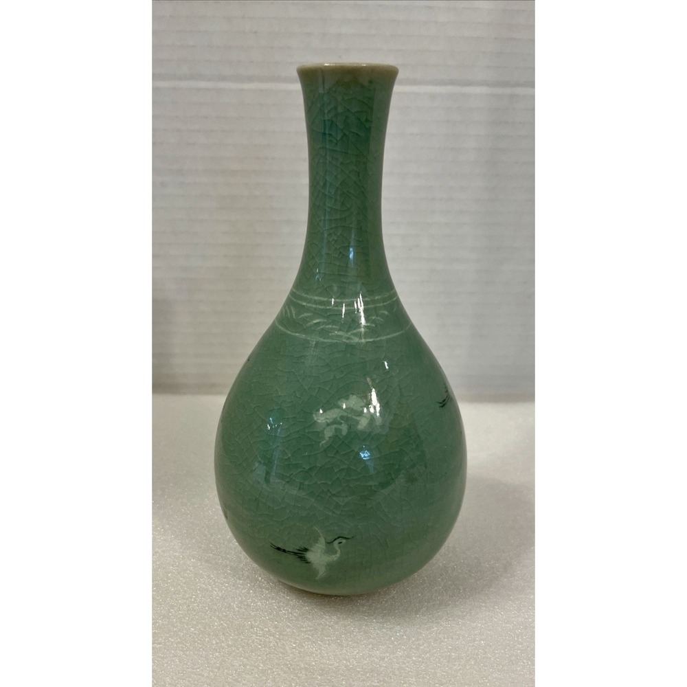 Korean Celadon Bud Vase With Cranes Clouds Marked Goryo Vintage Antique Crackle